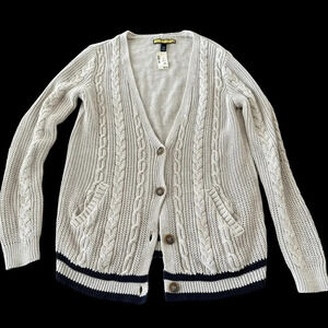 NWT Prince & Fox Medium Cable Cardigan Sweater Grandpa Oatmeal Navy New Longline